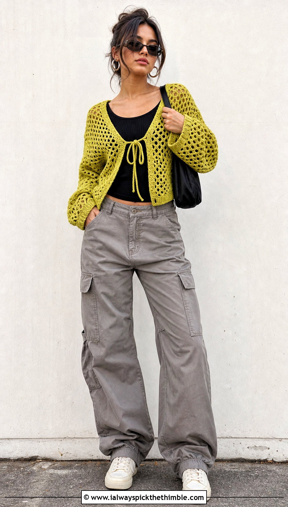 Tie Front Grandpa Crochet Cardigan With Cargo Pants - 20 grandpa crochet cardigan outfit ideas