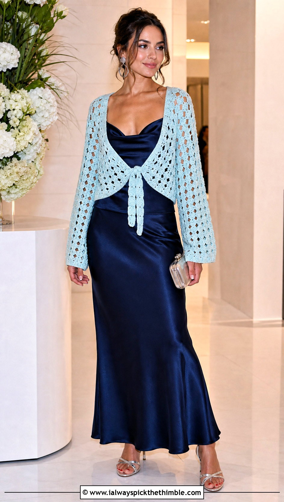 Tie Front Granny Cardigan With Satin Maxi Skirt - 25 crochet granny cardigan outfit ideas
