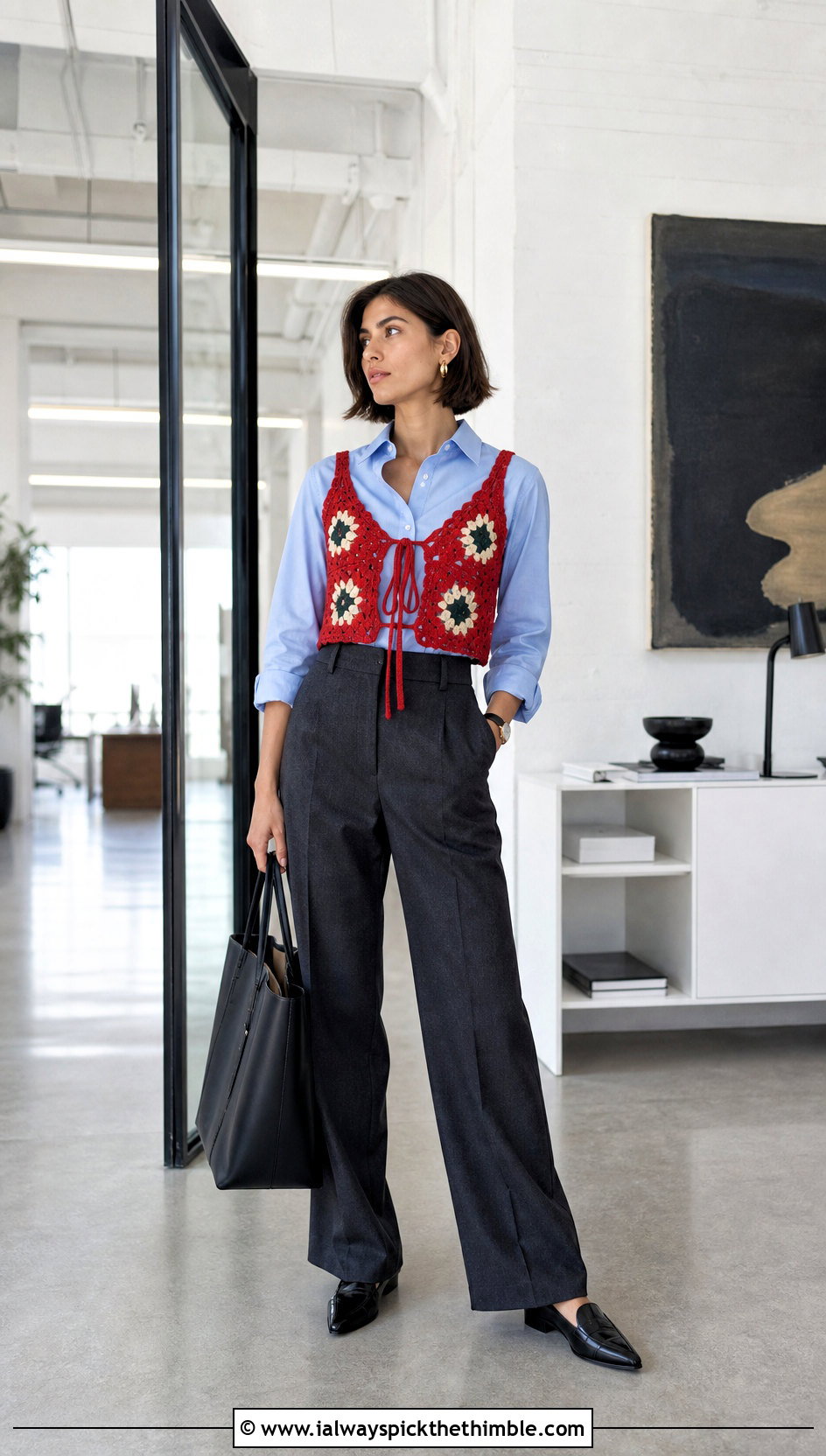 Tie Front Granny Crop Top Over A Poplin Shirt - 20 Crochet Granny Crop Top outfit ideas