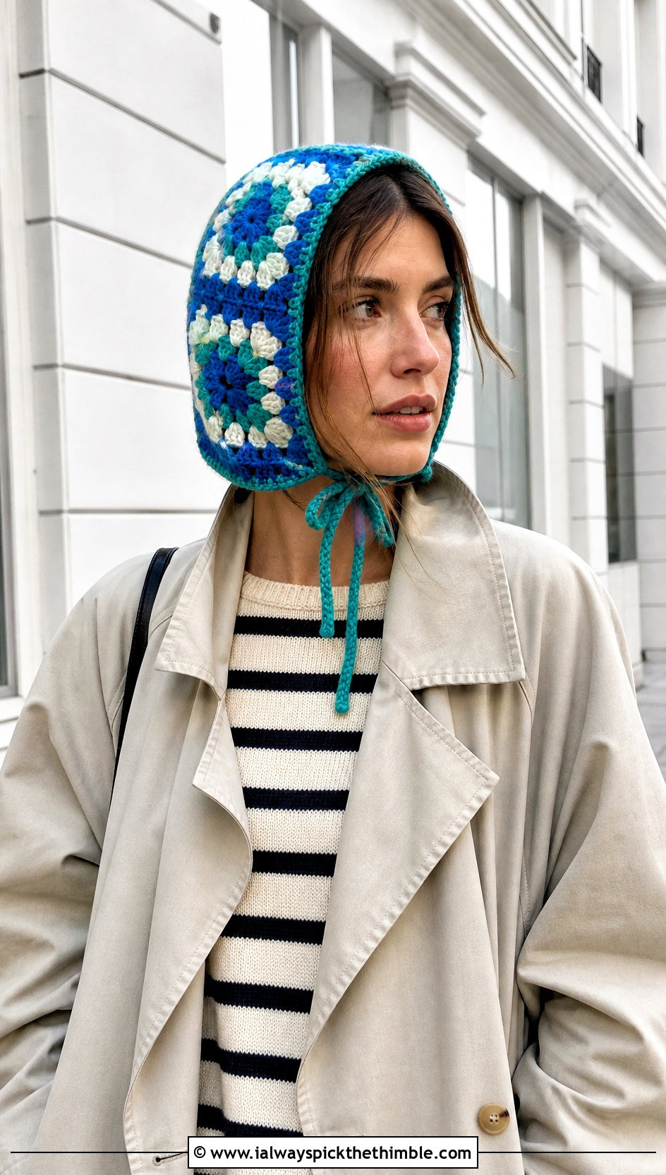 Tie Front Granny Square Balaclava With Trench Coat And Loafers - 25 granny square balaclava outfit ideas