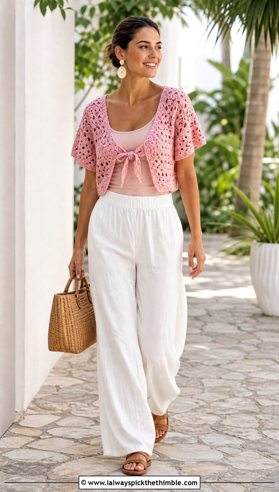 Tie Front Granny Square Bolero With Linen Pants - 25 granny square bolero outfit ideas