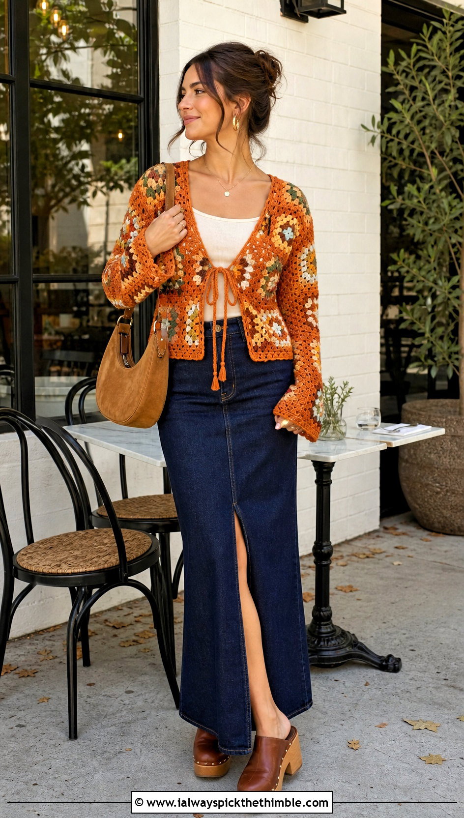 Tie Front Granny Square Cardigan With Denim Maxi Skirt - 20 Fall Granny Square Sweater outfit ideas