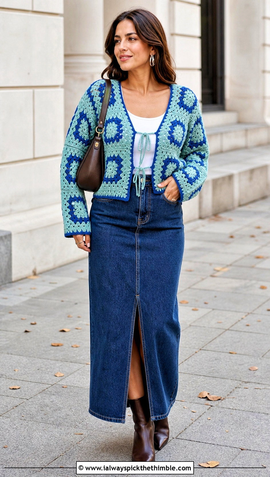 Tie Front Granny Square Cardigan With Denim Maxi Skirt - 20 Crochet Fall Granny Square Cardigan outfit ideas