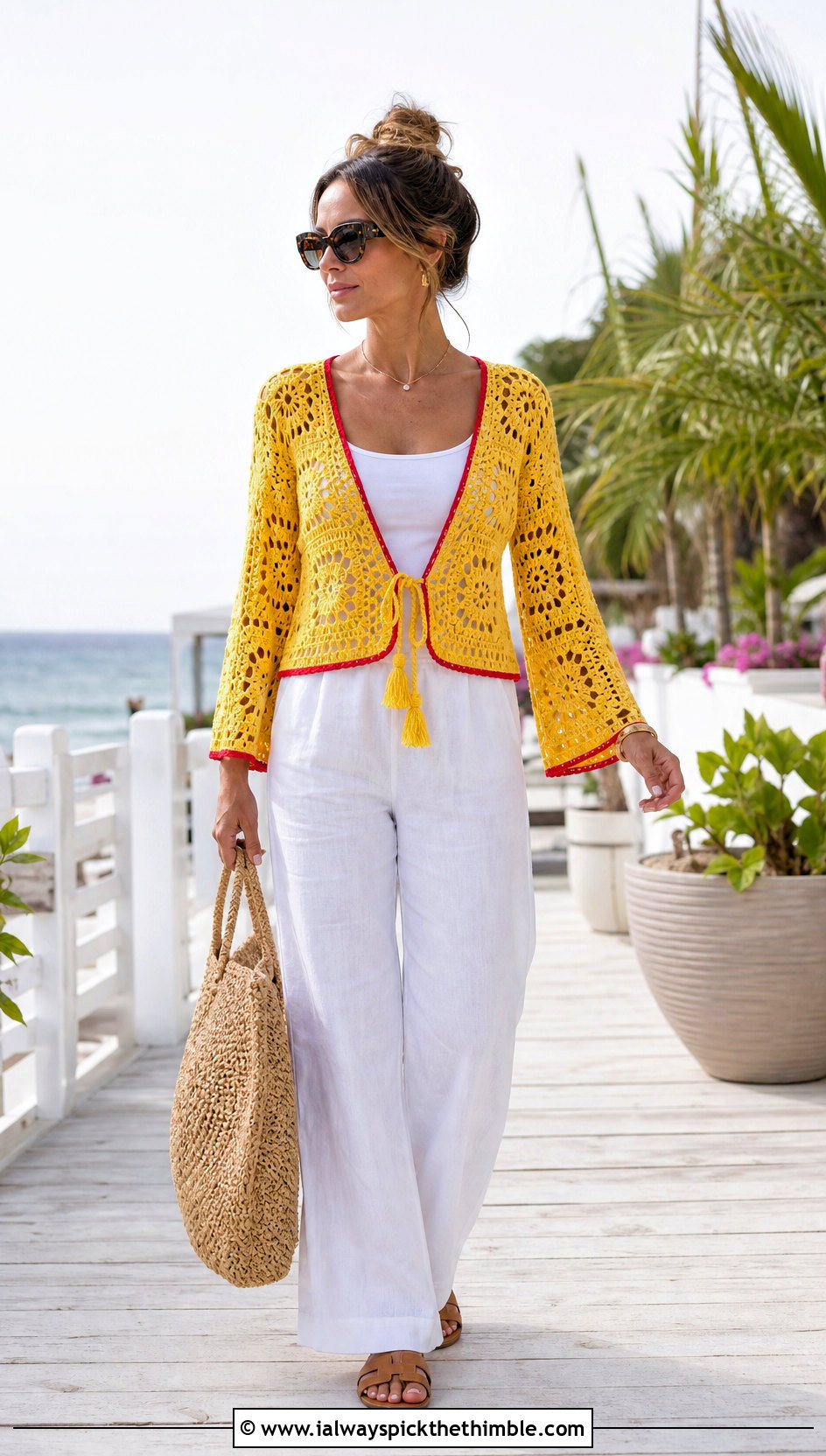 Tie Front Granny Square Cardigan With Linen Pants - 15 Never Off Granny Square Cardigan outfit ideas