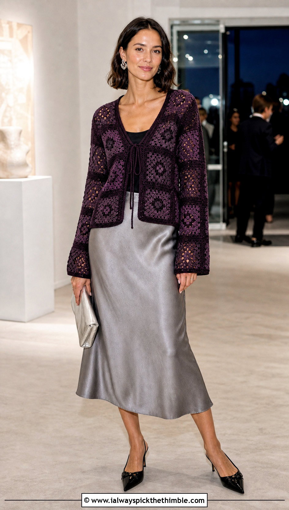 Tie Front Granny Square Cardigan With Satin Skirt - 25 crochet granny square cardigan outfit ideas