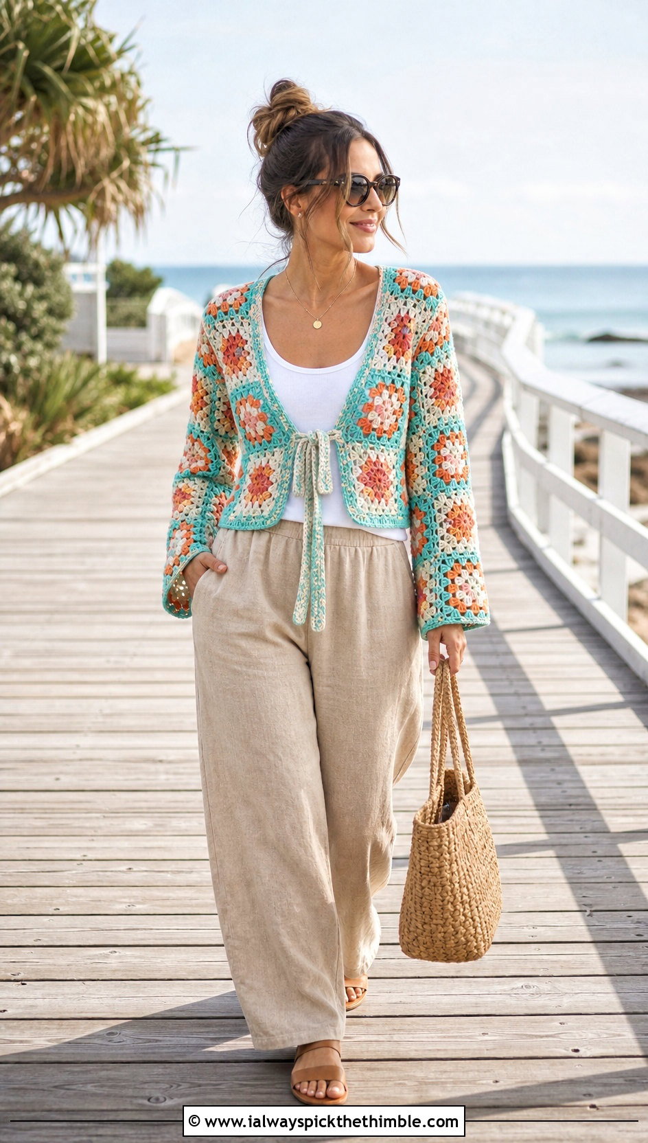 Tie Front Granny Square Harry Styles Cardigan With Linen Pants - 15 Crocheting Harry Styles Cardigan outfit ideas