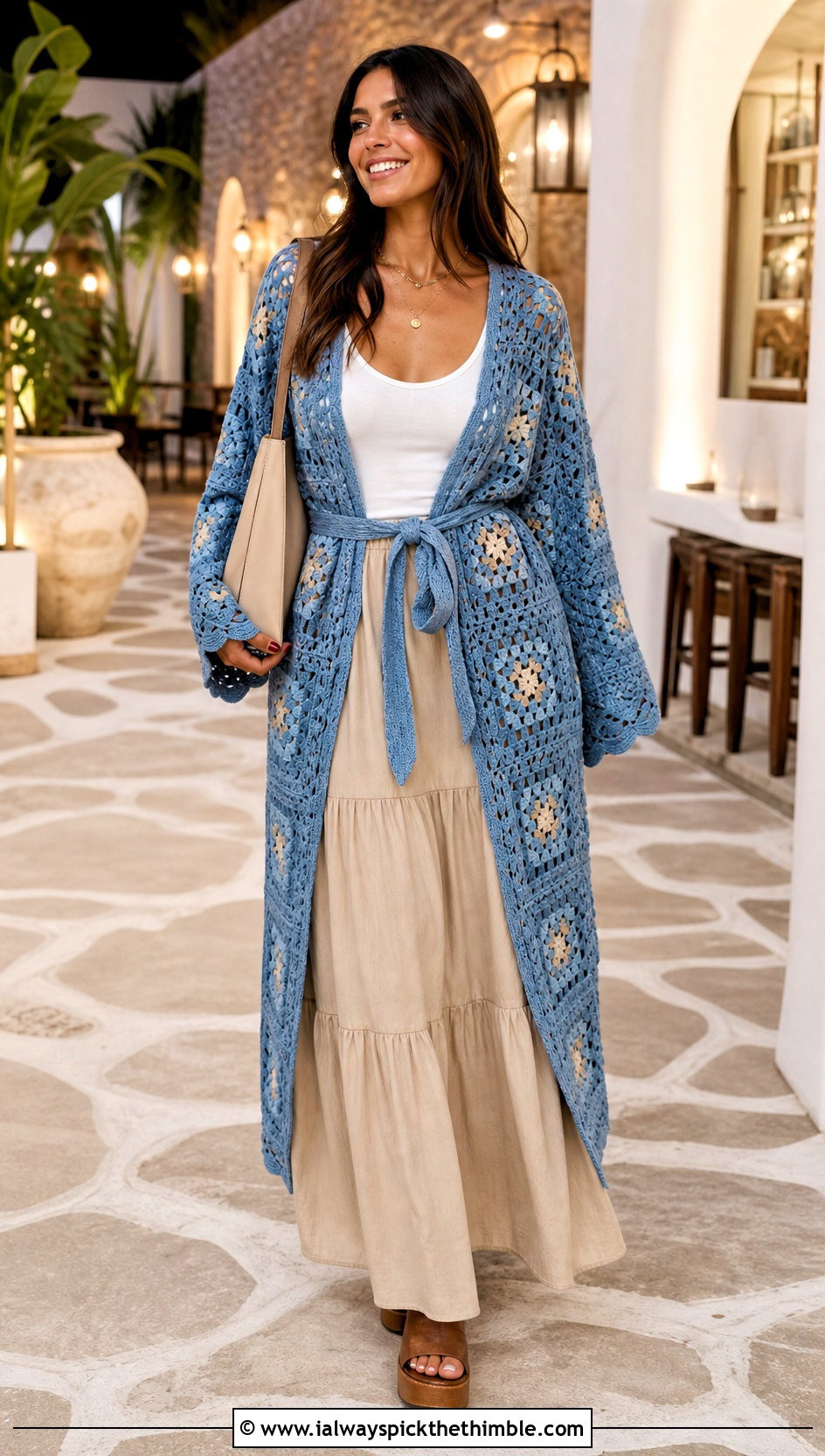 Tie Front Granny Square Robe With Tiered Maxi Skirt - 20 granny square robe outfit ideas