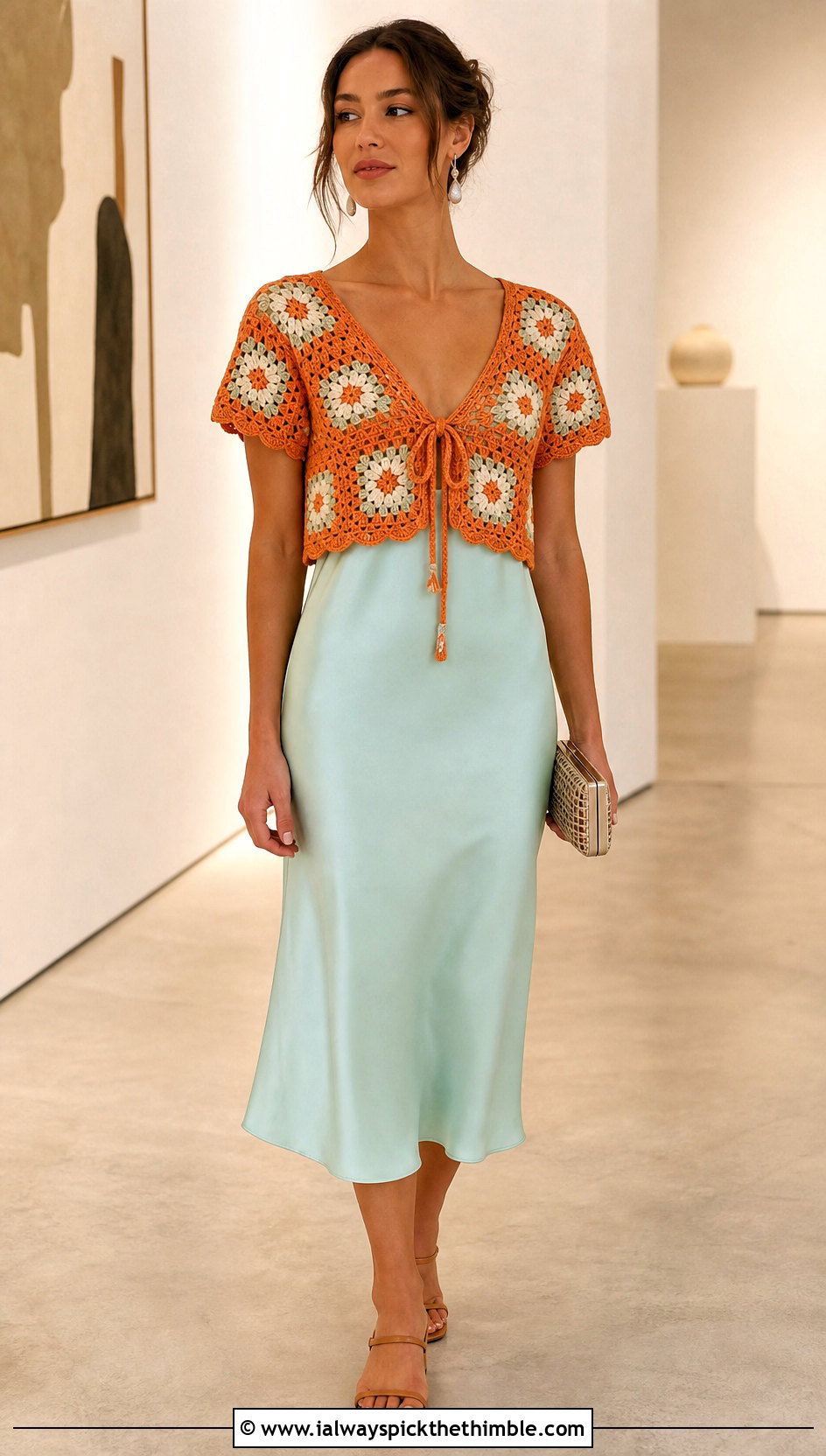 Tie Front Granny Square Top Over A Slip Dress - 25 crochet granny square top outfit ideas