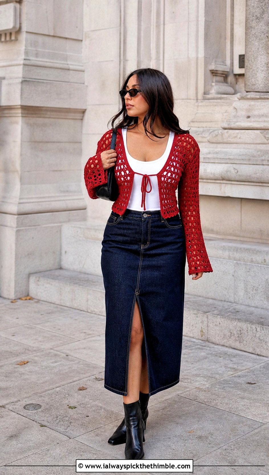Tie Front Granny Stitch Top With Denim Midi Skirt - 25 crochet granny stitch top outfit ideas