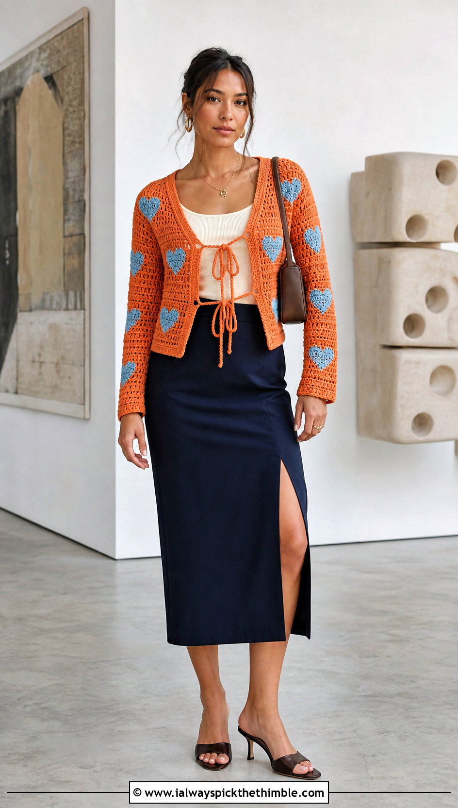 Tie Front Heart Cardigan With Column Skirt - 25 crochet heart cardigan outfit ideas