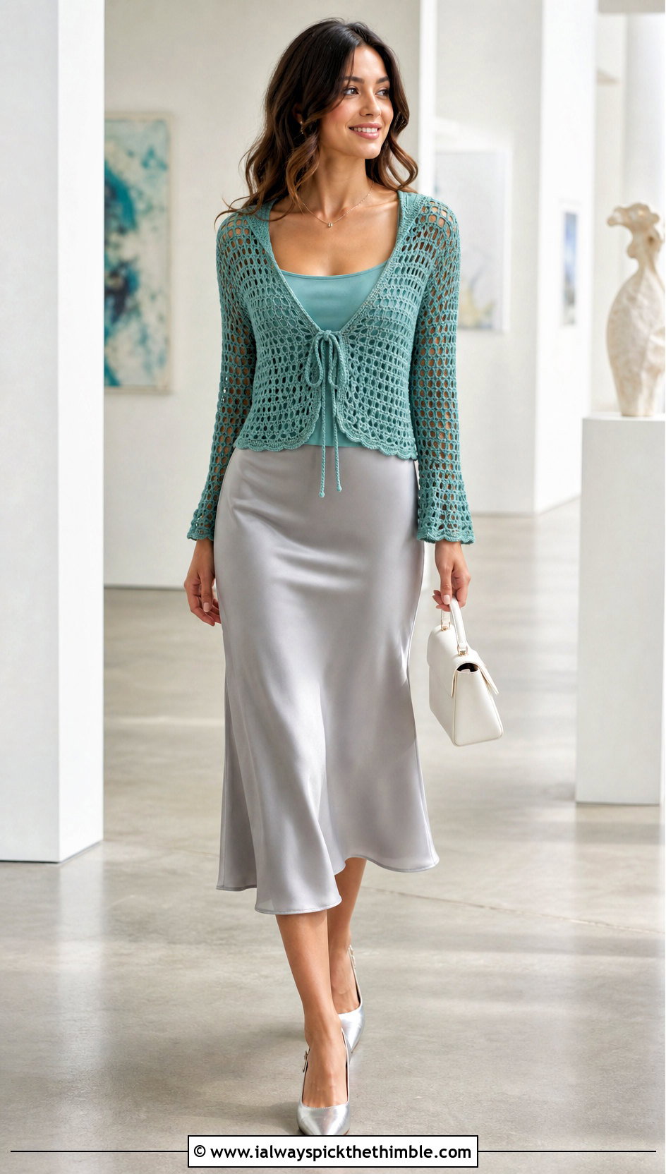 Tie Front Hooded Crochet Bolero With Satin Midi Skirt - 20 hooded crochet bolero outfit ideas