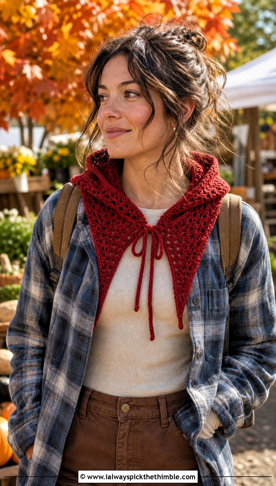 Tie Front Hooded Triangle Crochet Scarf With Shacket - 20 Hooded Triangle Crochet Scarf outfit ideas