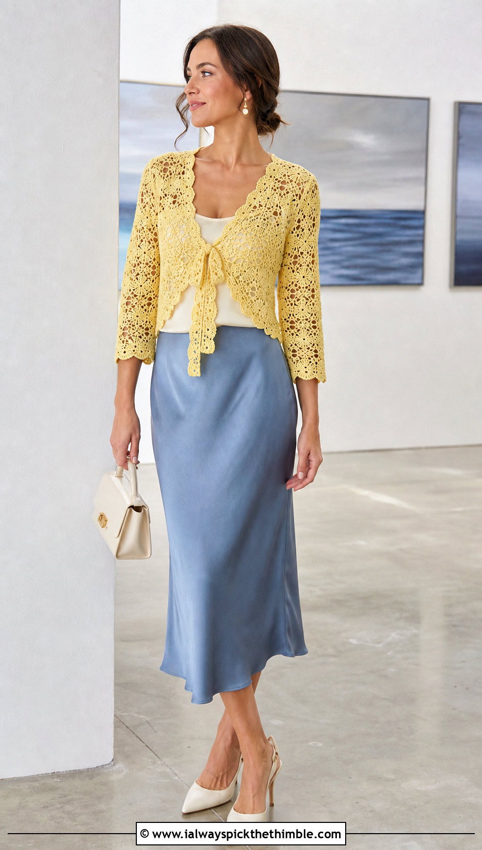 Tie Front Lace Bolero With Satin Midi Skirt - 20 crochet shrugs and boleros outfit ideas