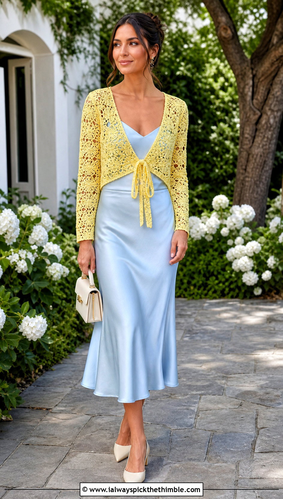 Tie Front Lace Crochet Bolero With Satin Midi Skirt - 25 crochet shrugs outfit ideas