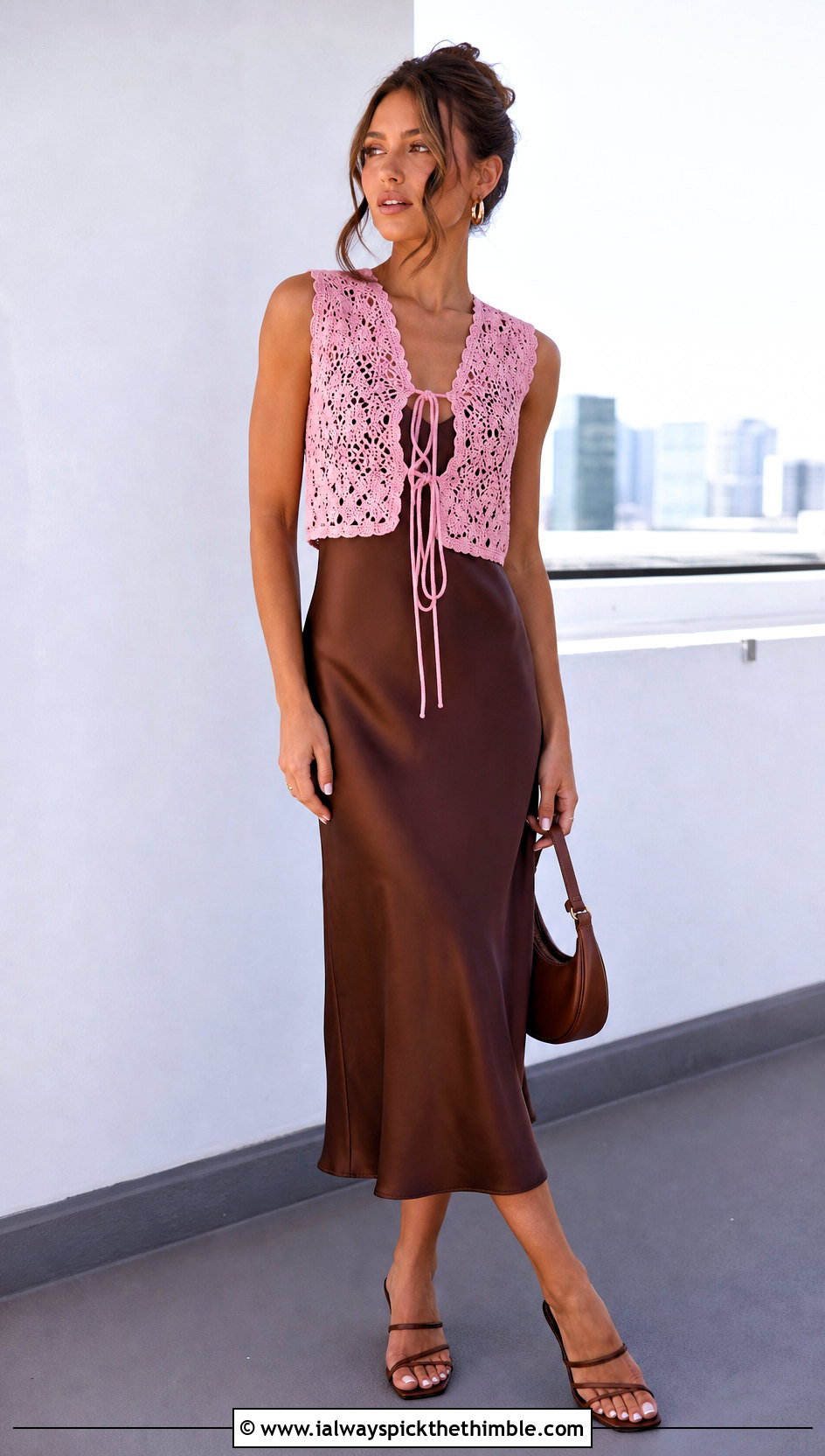 Tie Front Lace Crochet Cropped Vest With Satin Slip Dress - 15 crochet cropped vest outfit ideas