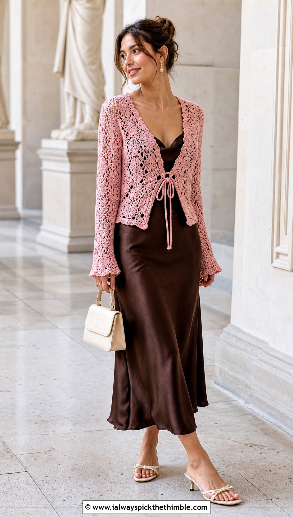 Tie Front Lace Crochet Sweater With Slip Dress - 20 lace crochet sweater outfit ideas