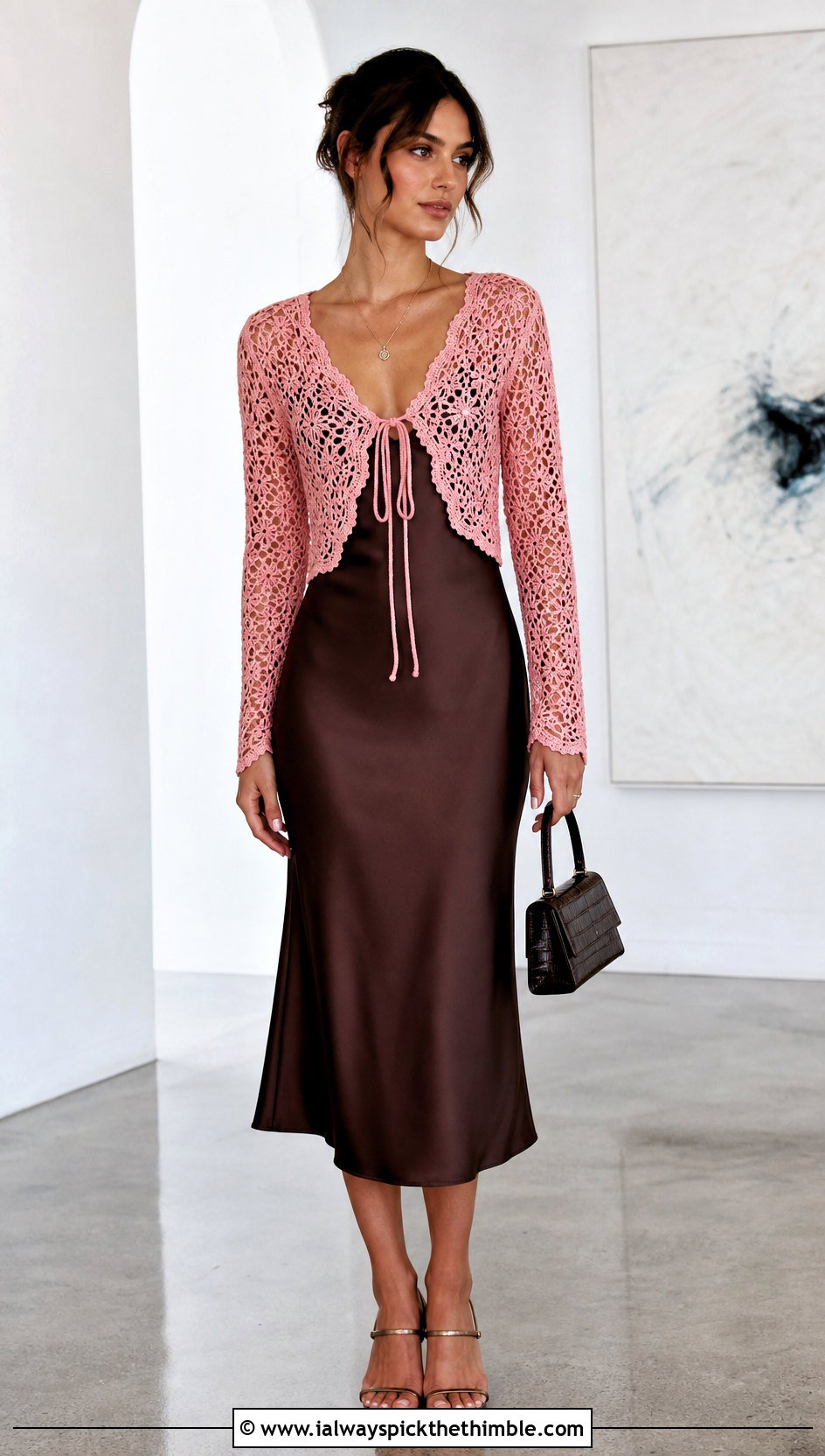 Tie Front Lace Crocheted Bolero With Satin Slip Dress - 25 crocheted bolero outfit ideas