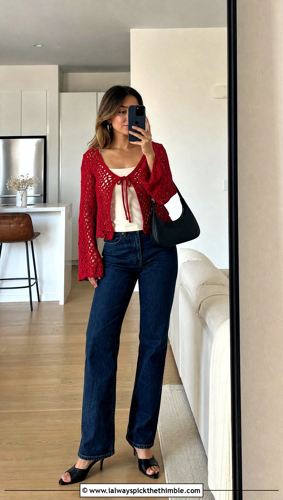 Tie Front Lacy Crochet Sweater With Tank And Straight Jeans - 20 Lacy Crochet Sweater outfit ideas