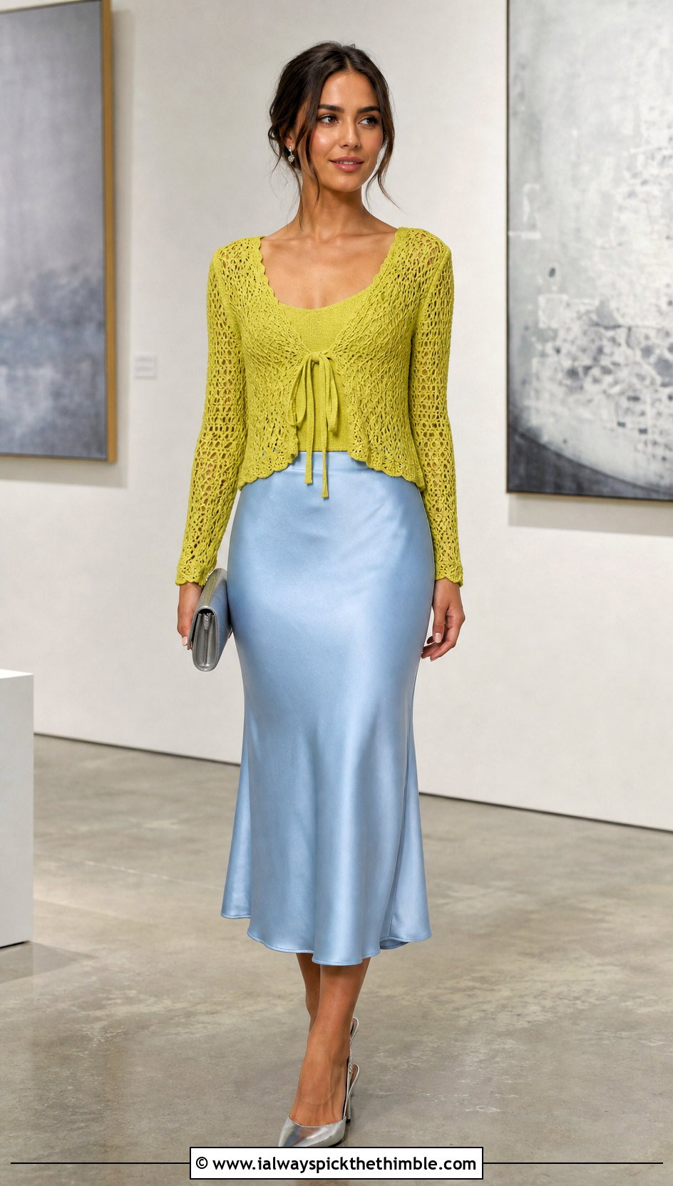 Tie Front Mesh Crochet Cardigan With Satin Midi Skirt - 15 crazy classic crochet cardigan outfit ideas