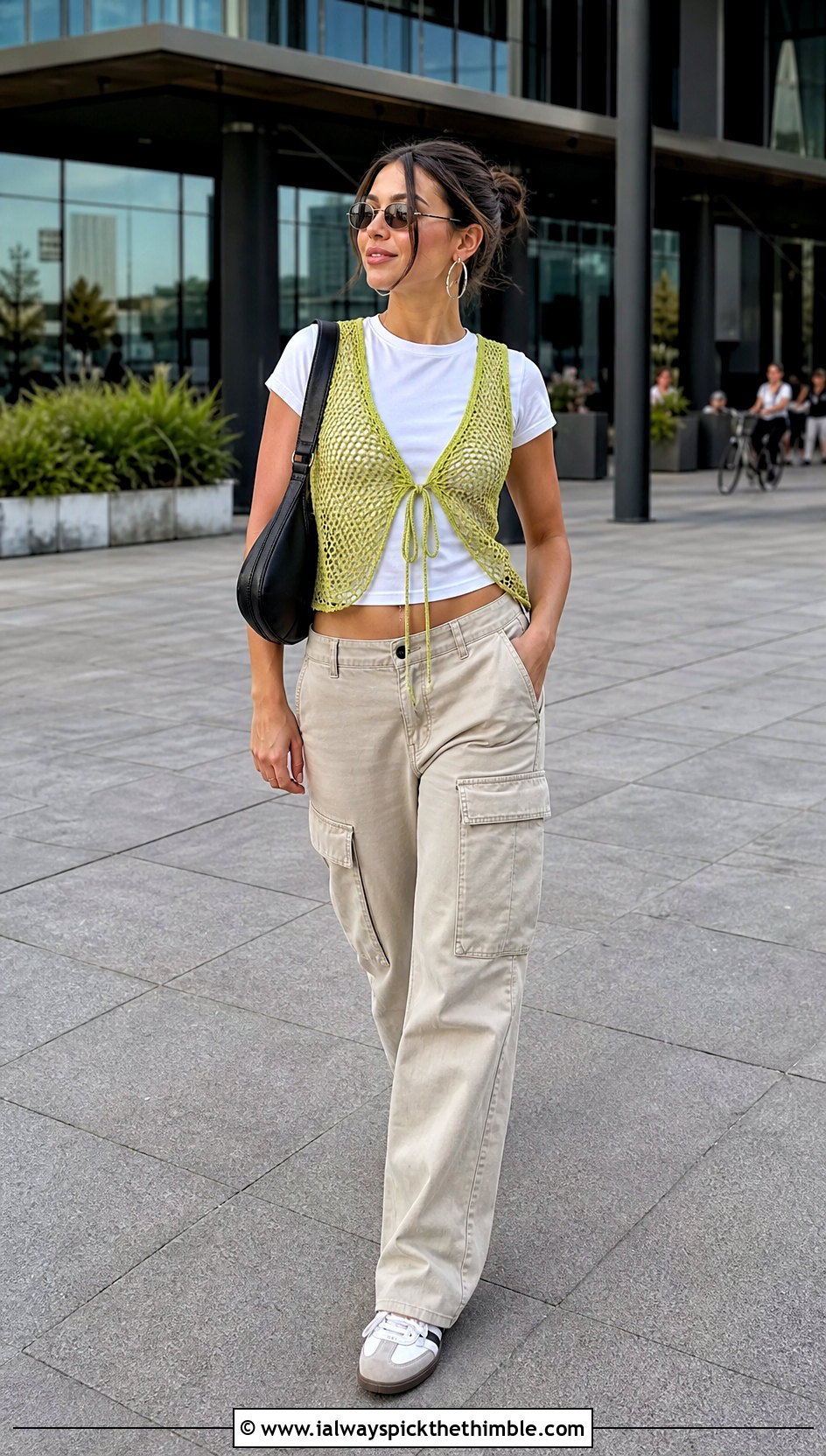 Tie Front Mesh Crochet Vest With Cargo Pants - 25 boho crochet vest outfit ideas