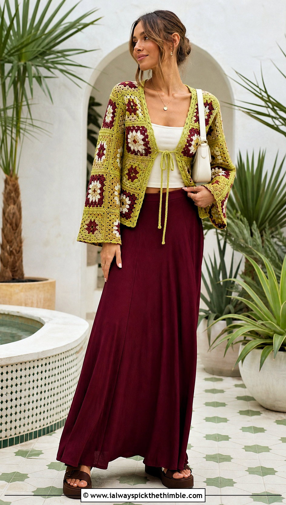 Tie Front Patchwork Cardigan With Maxi Skirt - 20 crochet patch work cardigan outfit ideas