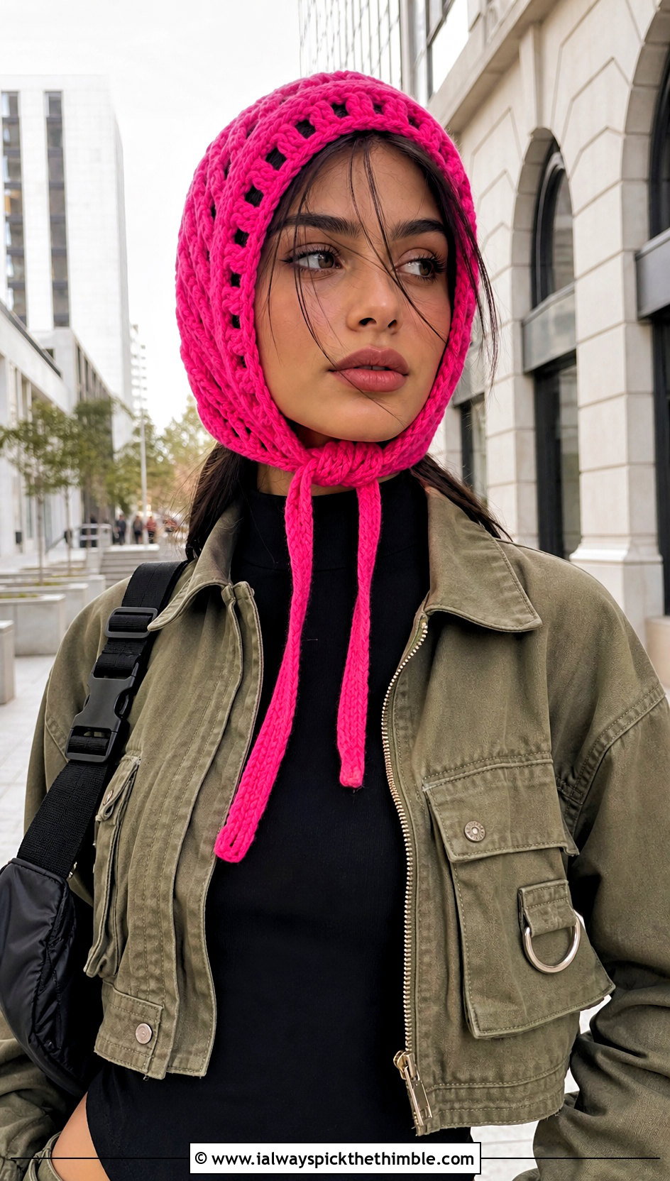 Tie Front Pink Crochet Balaclava With Cargo Pants - 20 Pink Crochet Balaclava outfit ideas
