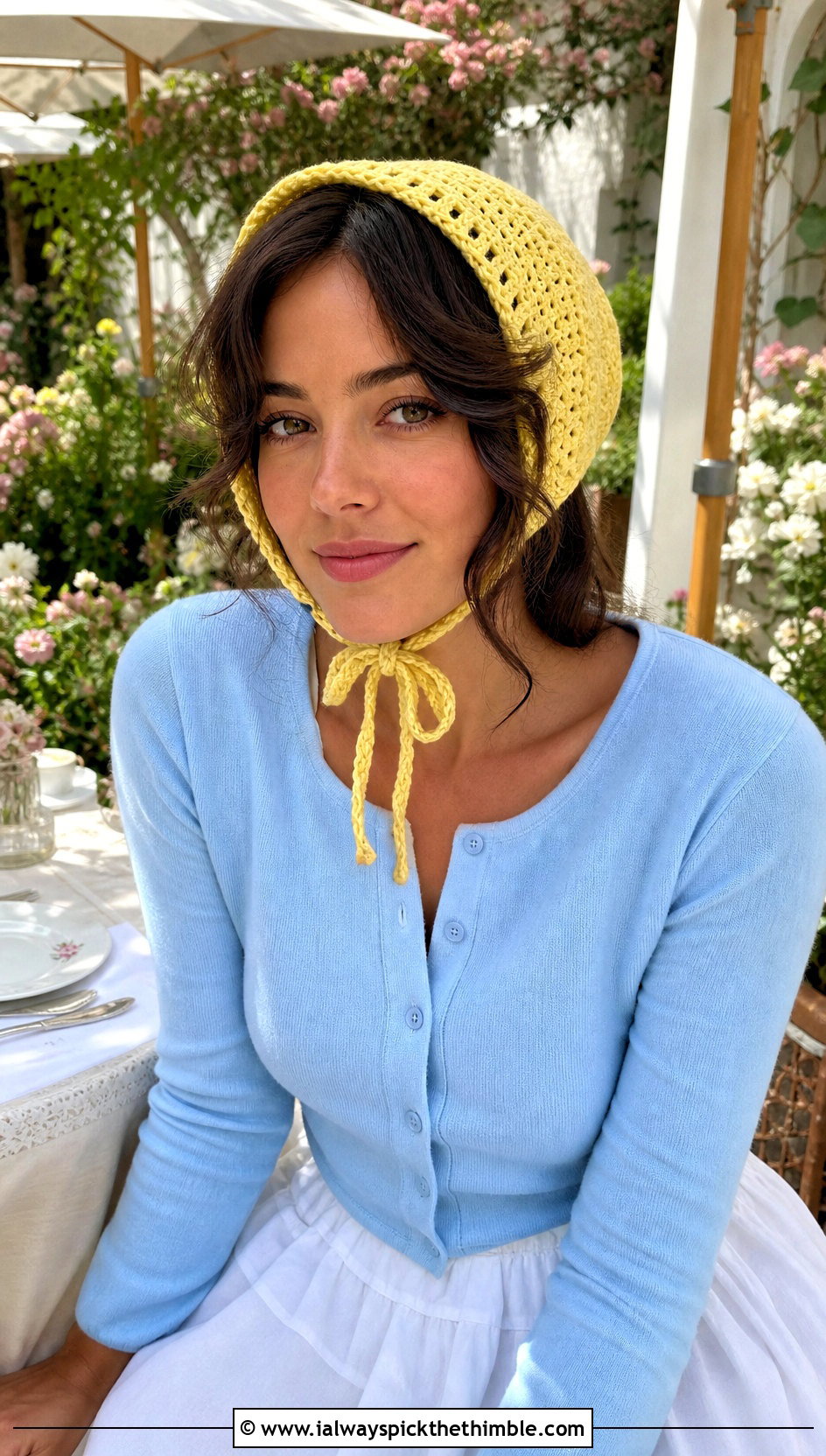 Tie Front Pixie Bonnet With Cardigan And Midi Skirt - 20 crochet pixie hat outfit ideas
