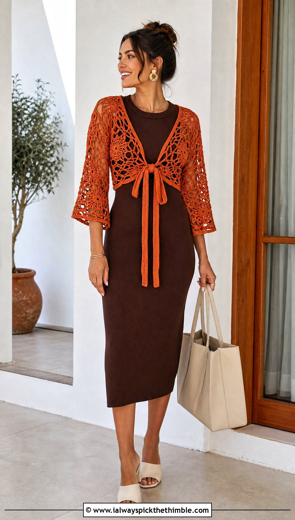 Tie Front Spider Crochet Top Over A Ribbed Midi Dress - 25 spider crochet top outfit ideas