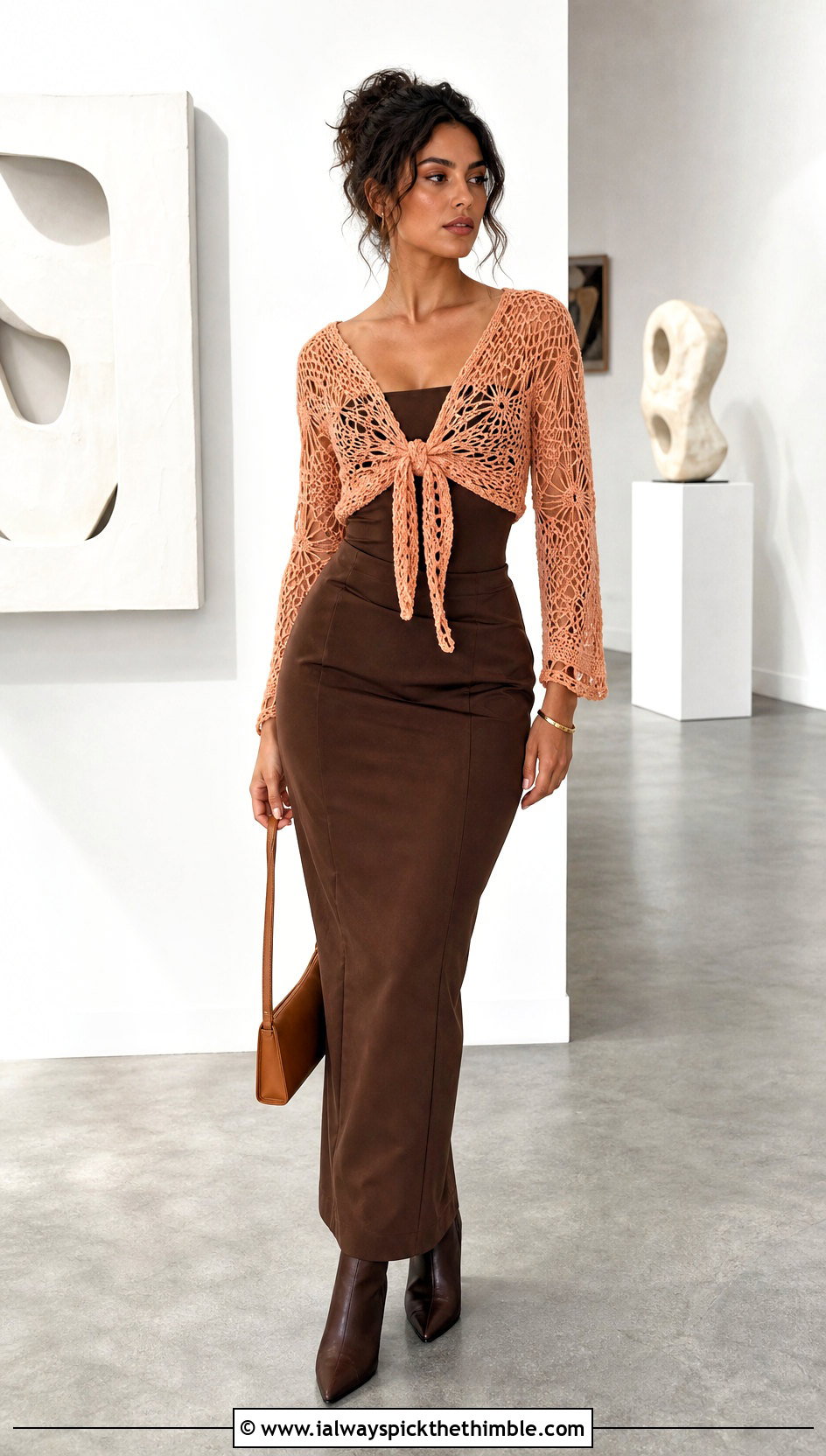 Tie Front Spiderweb Crochet Top With A Column Skirt - 20 crochet spiderweb top outfit ideas