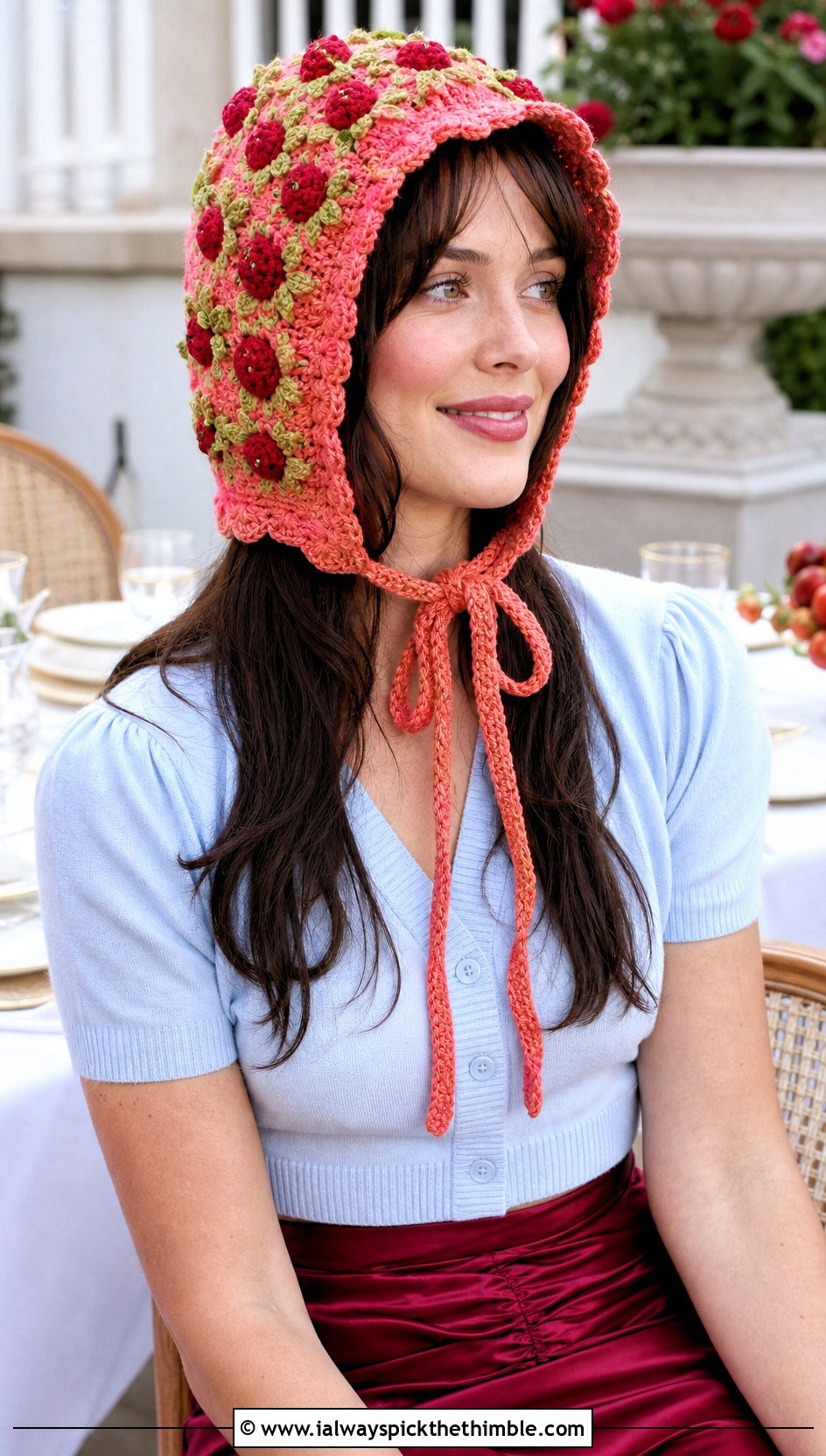 Tie Front Strawberry Shortcake Crochet Bonnet With Satin Skirt - 20 Strawberry Shortcake Crochet Hat outfit ideas