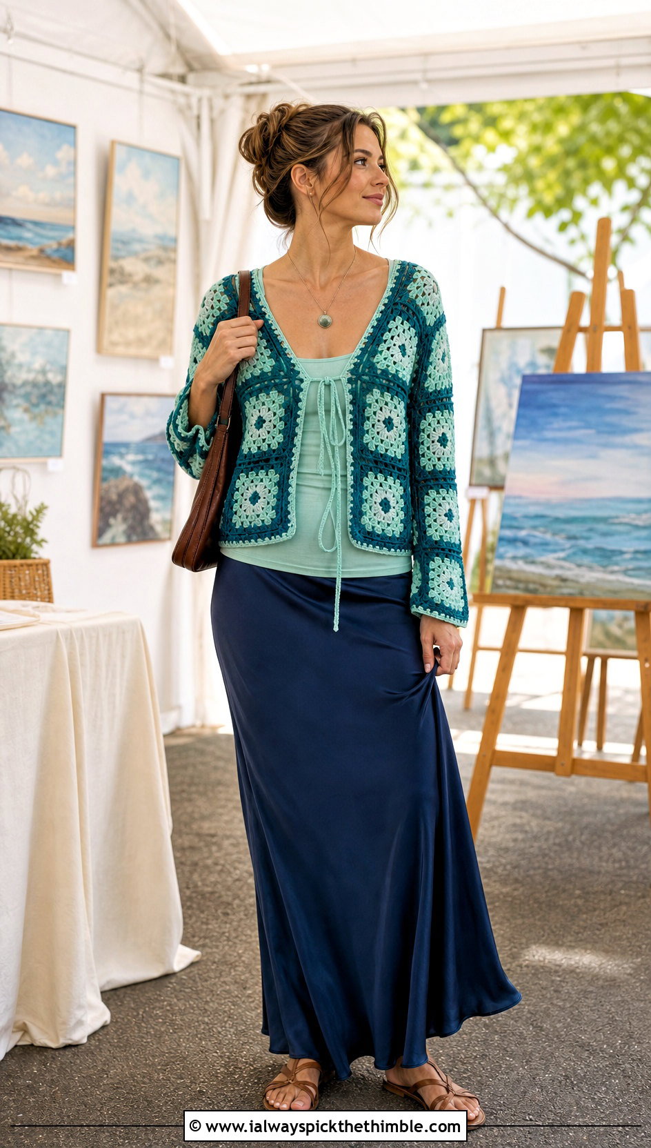 Tie Front Two Color Granny Square Cardigan With Maxi Skirt - 20 Two Granny Square Cardigan outfit ideas