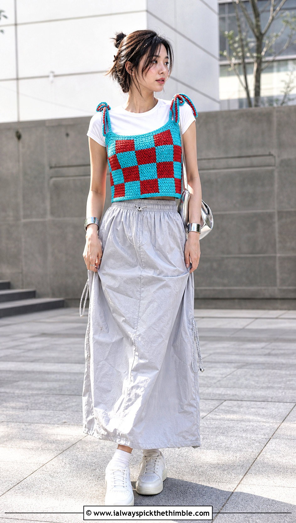 Tie Shoulder Checkered Crochet Sweater Vest With Parachute Skirt - 15 Checkered Crochet Sweater Vest outfit ideas