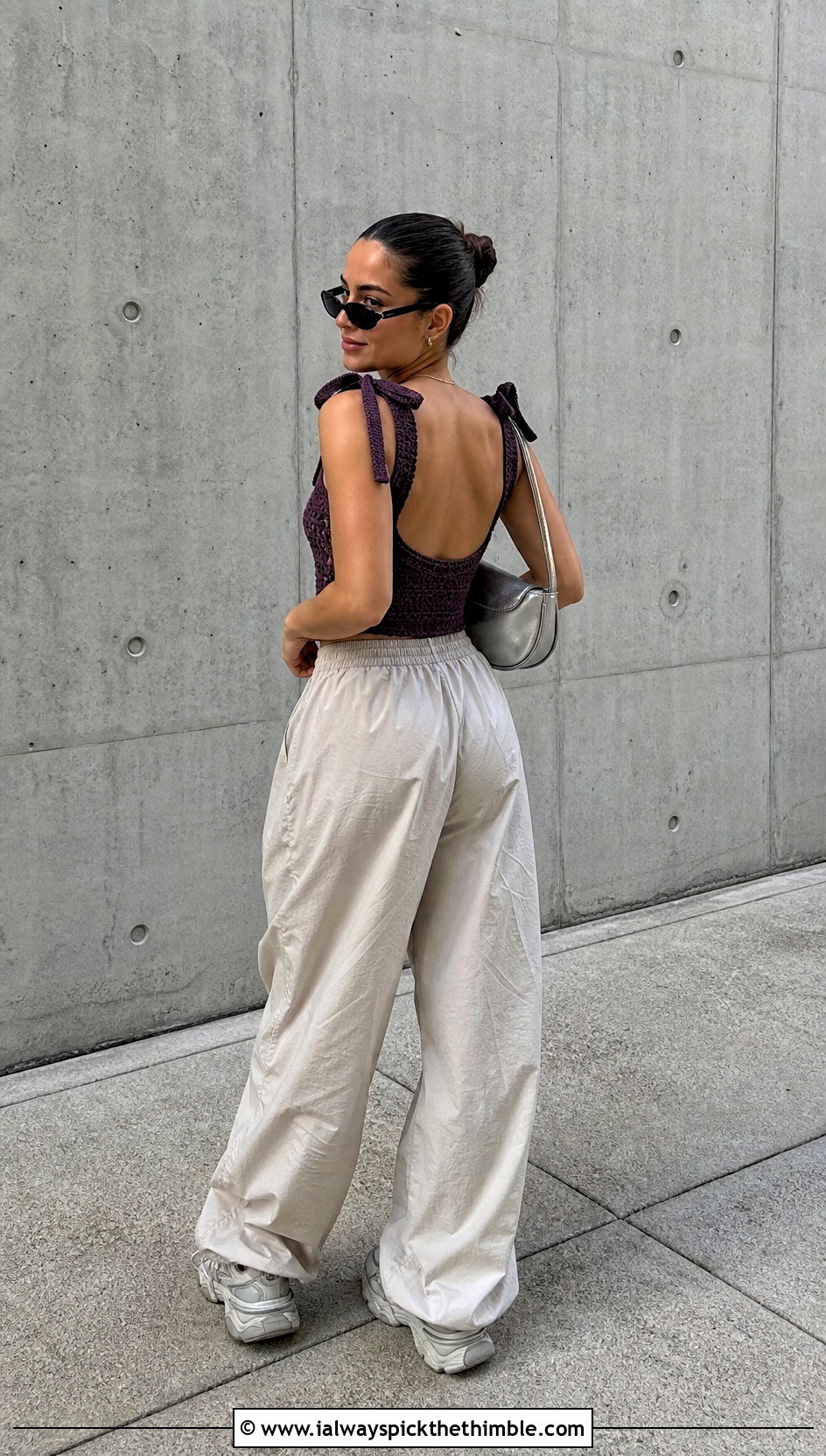 Tie Shoulder Open Back Crochet Top With Parachute Pants - 15 crochet top with back cutout outfit ideas
