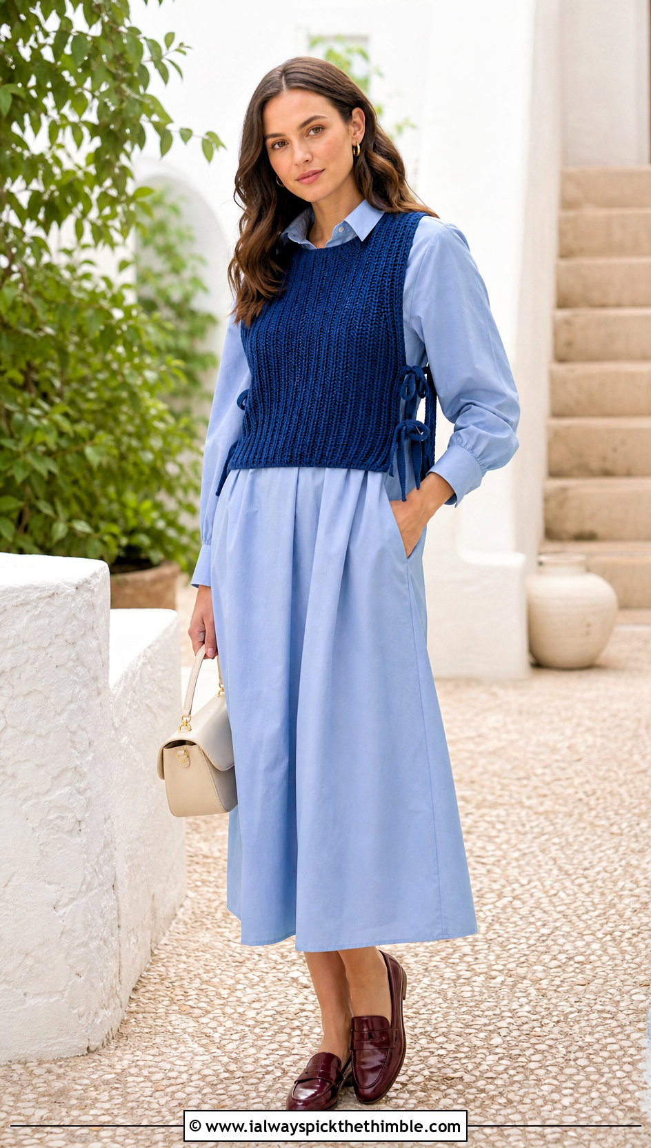 Tie Side Crochet Ribbed Vest Over A Poplin Dress - 20 crochet ribbed vest outfit ideas