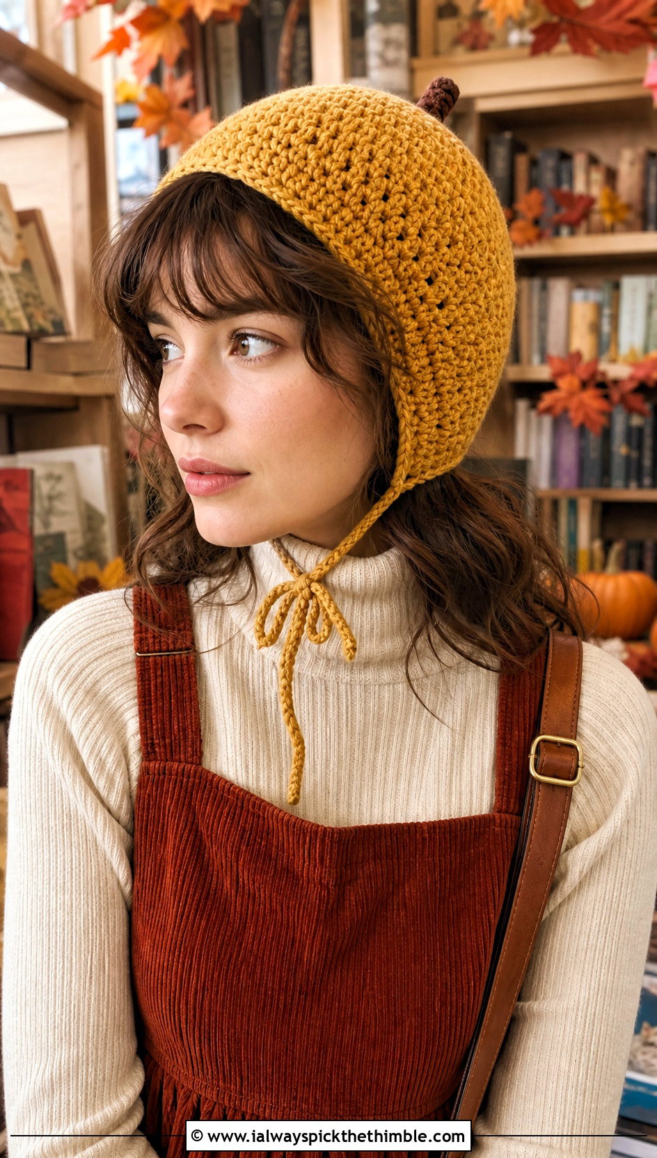 Tie Strap Crochet Acorn Bonnet With Corduroy Dress - 20 crochet acorn hat outfit ideas