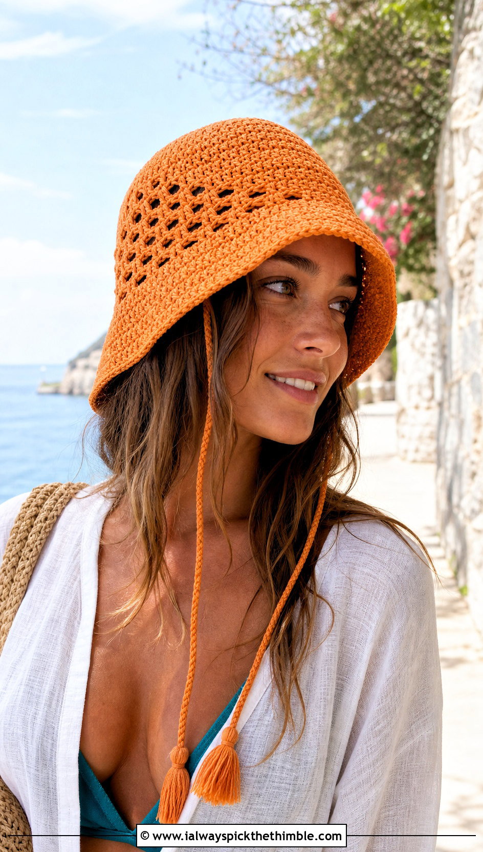 Tie Strap Crochet Bucket Hat With Beach Outfit - 20 Crochet Bucket Hat Design Ideas