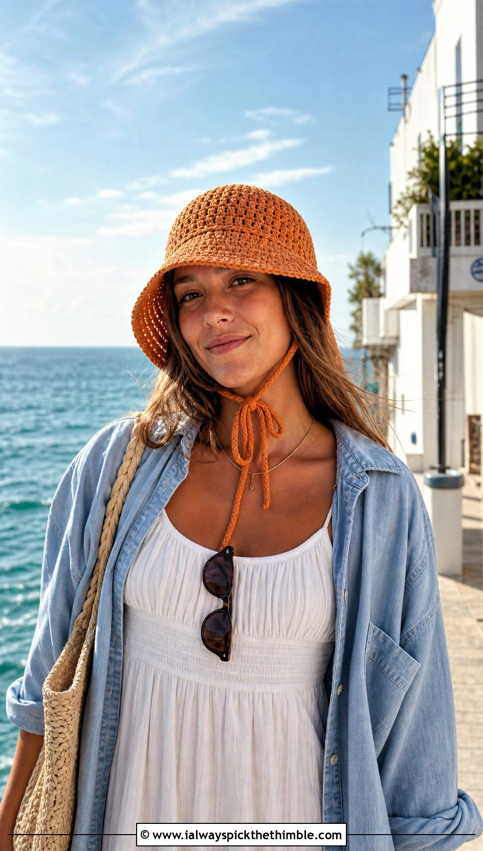 Tie Strap Crochet Bucket Hat With Maxi Dress - 20 crocheting bucket hat outfit ideas