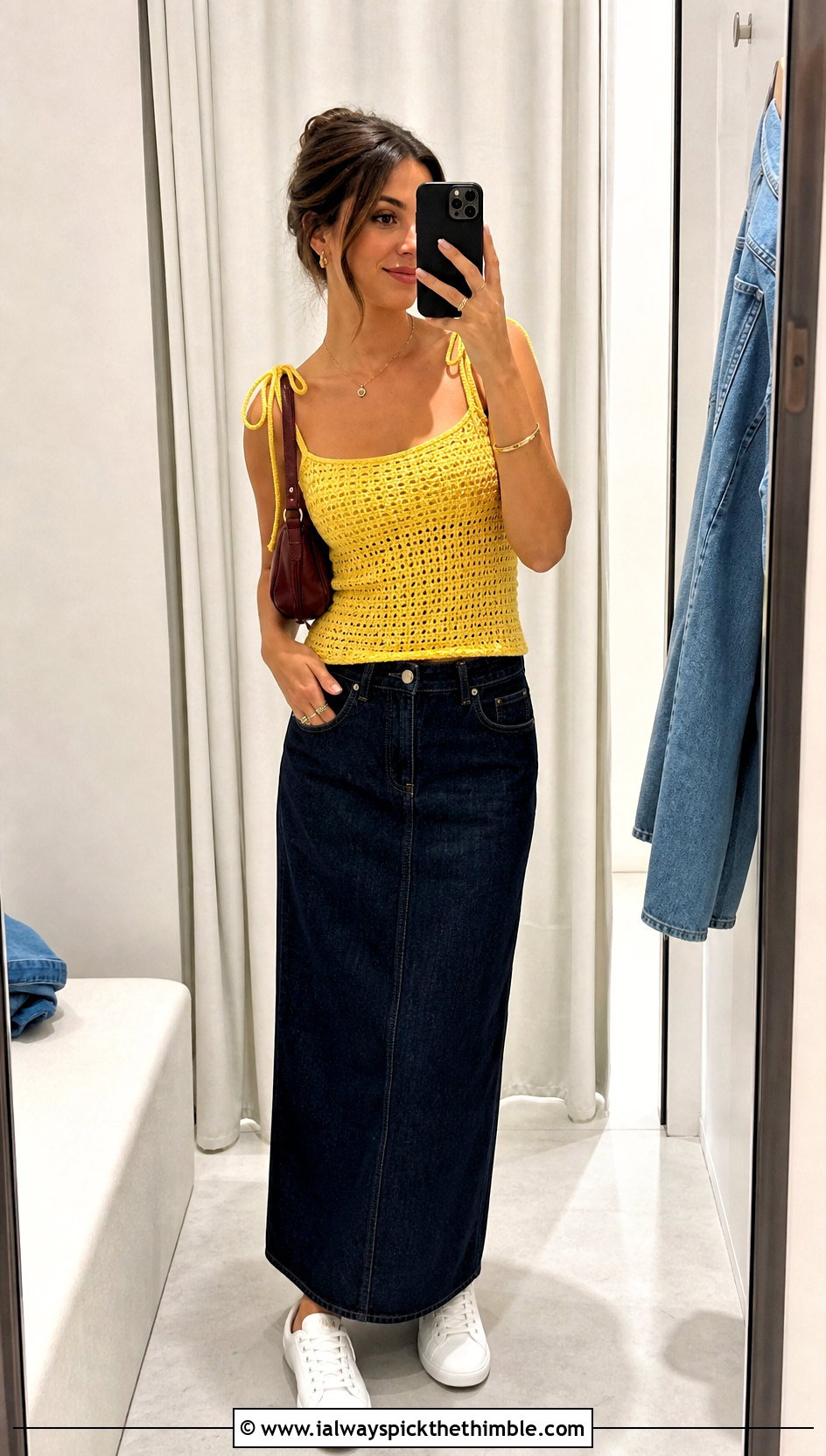 Tie Strap Crochet Tank Top With Denim Maxi Skirt - 20 crocheted tank tops outfit ideas