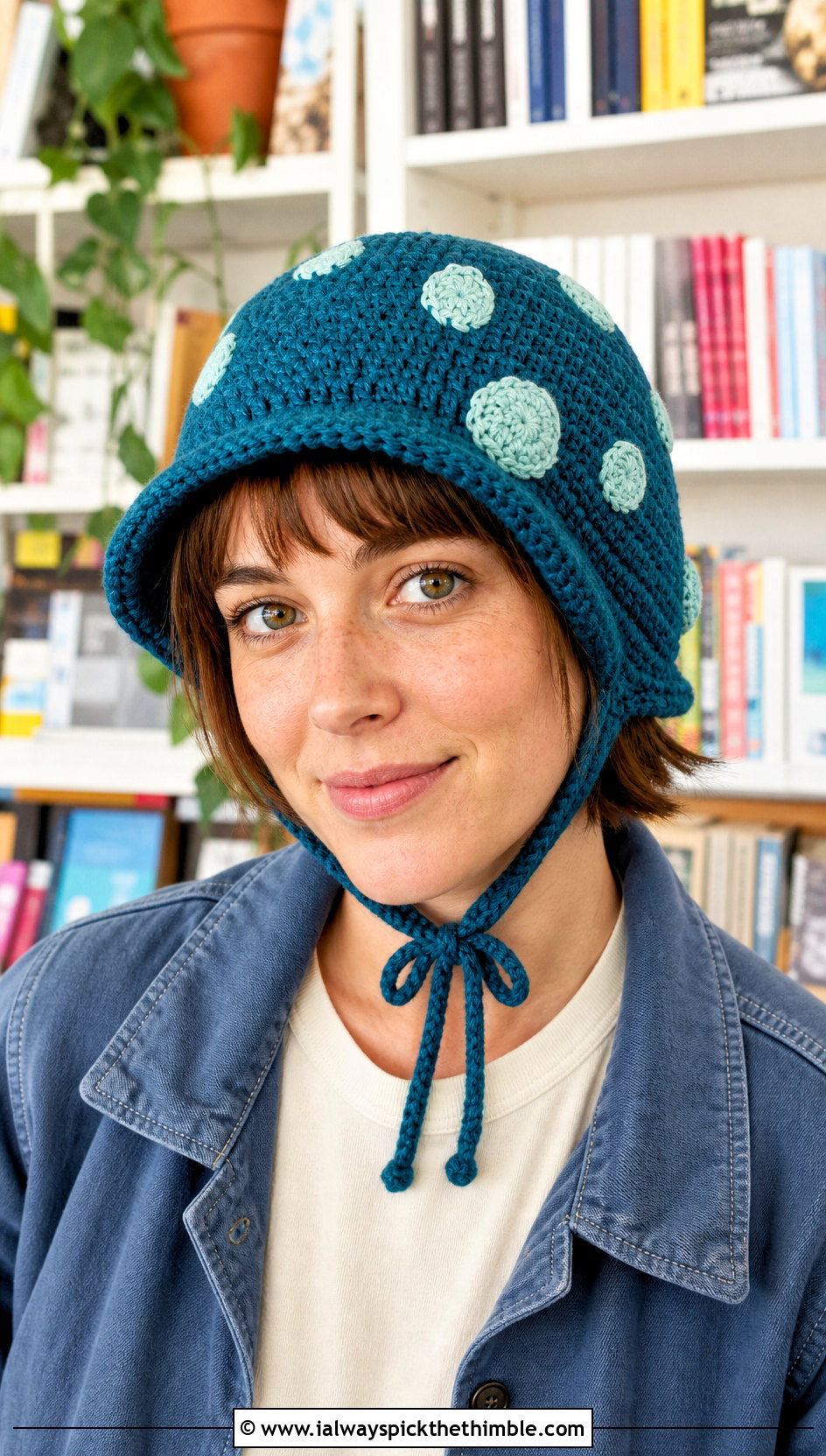 Tie Strap Crochet Toadstool Bonnet With Chore Jacket - 15 Crochet Toadstool Hat outfit ideas