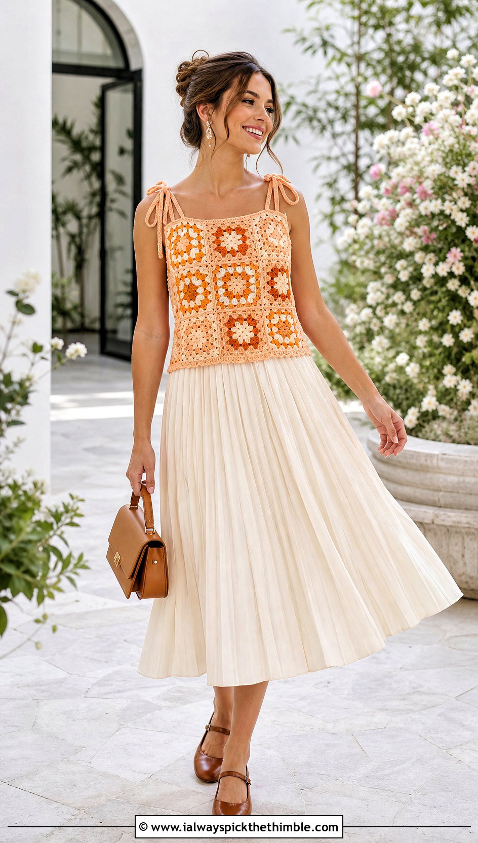 Tie Strap Granny Square Tank Top With Pleated Midi Skirt - 20 Crochet Granny Square Tank Top outfit ideas