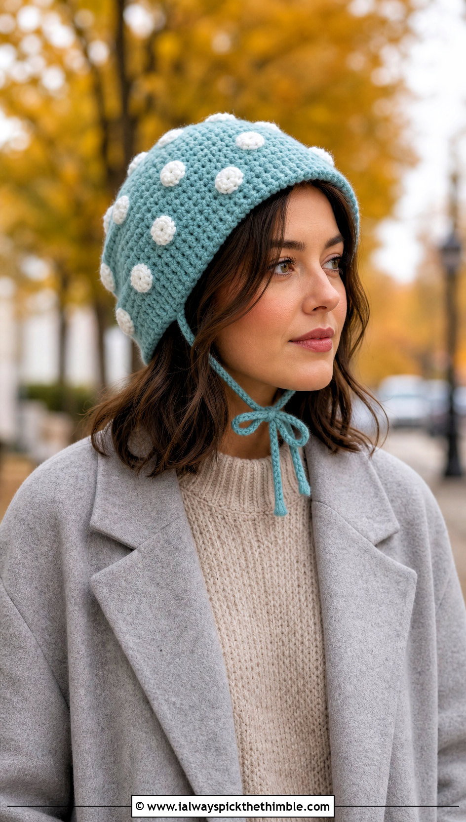 Tie Strap Mushroom Crochet Bonnet With Sweater Dress - 20 Mushroom Crochet Cap outfit ideas