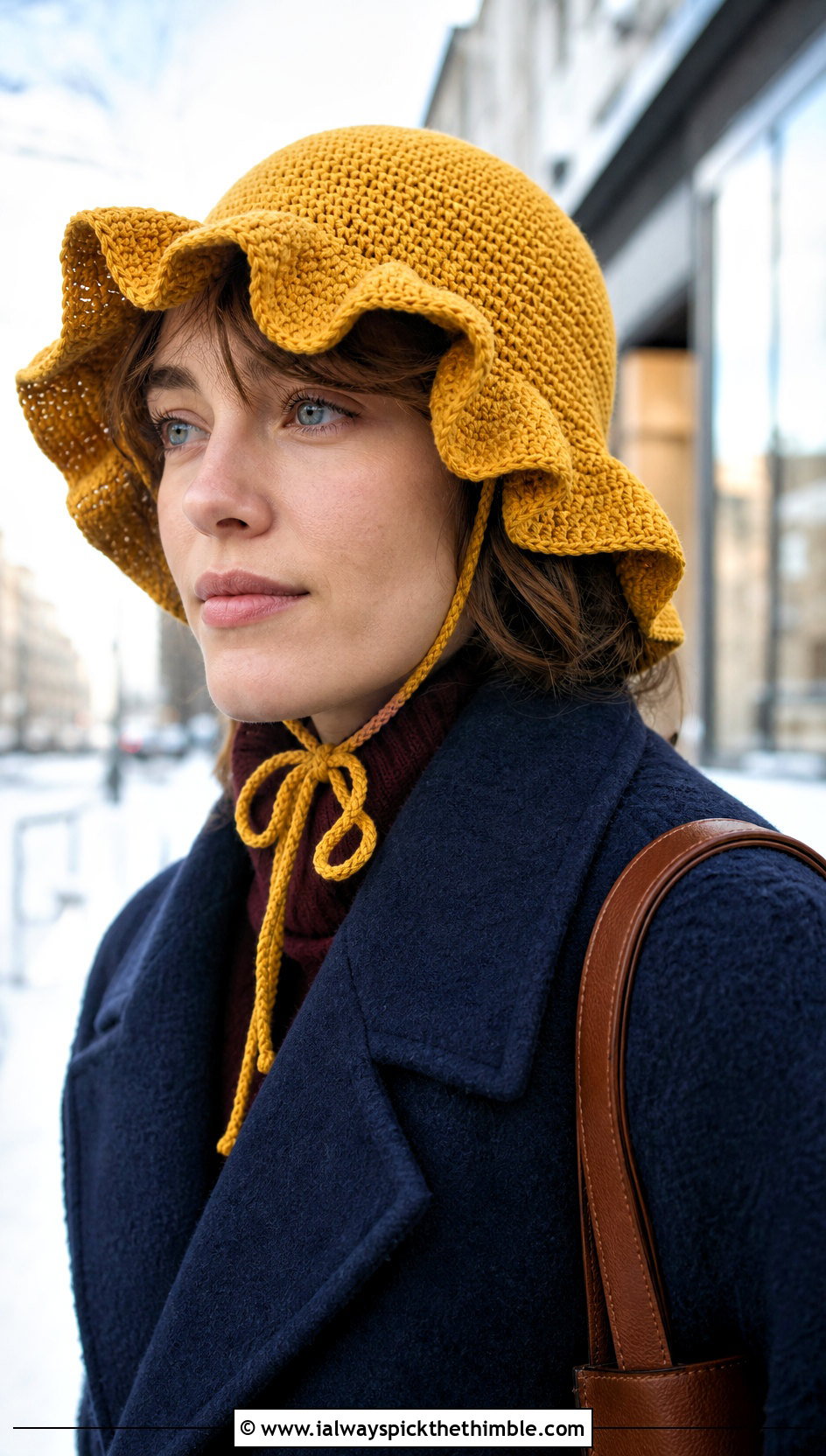 Tie Strap Ruffle Crochet Bucket Hat With Wool Coat And Trousers - 20 Frilly Crochet Bucket Hat outfit ideas