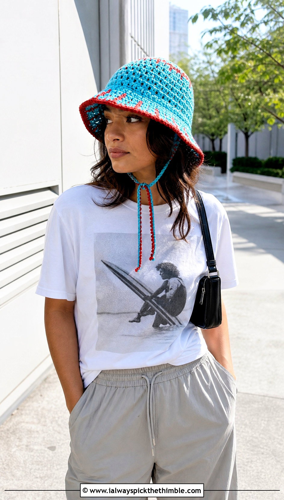 Tied Granny Stitch Crochet Bucket Hat With Graphic Tee And Parachute Pants - 25 granny square crochet bucket hat outfit ideas