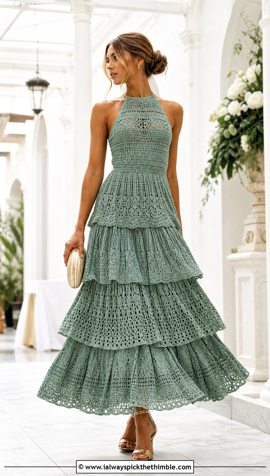 Tiered Crochet Ball Gown Dress With Minimal Heels - 20 crochet ball gown dress outfit ideas
