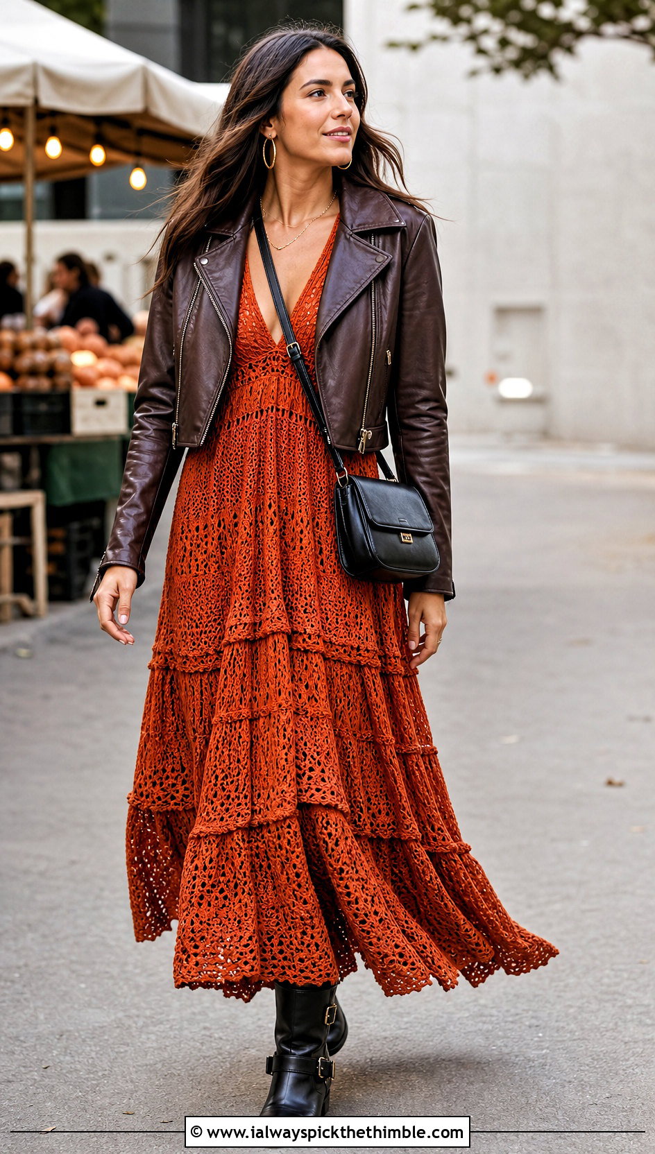 Tiered Crochet Boho Maxi Dress With Moto Boots - 20 crochet boho dress outfit ideas