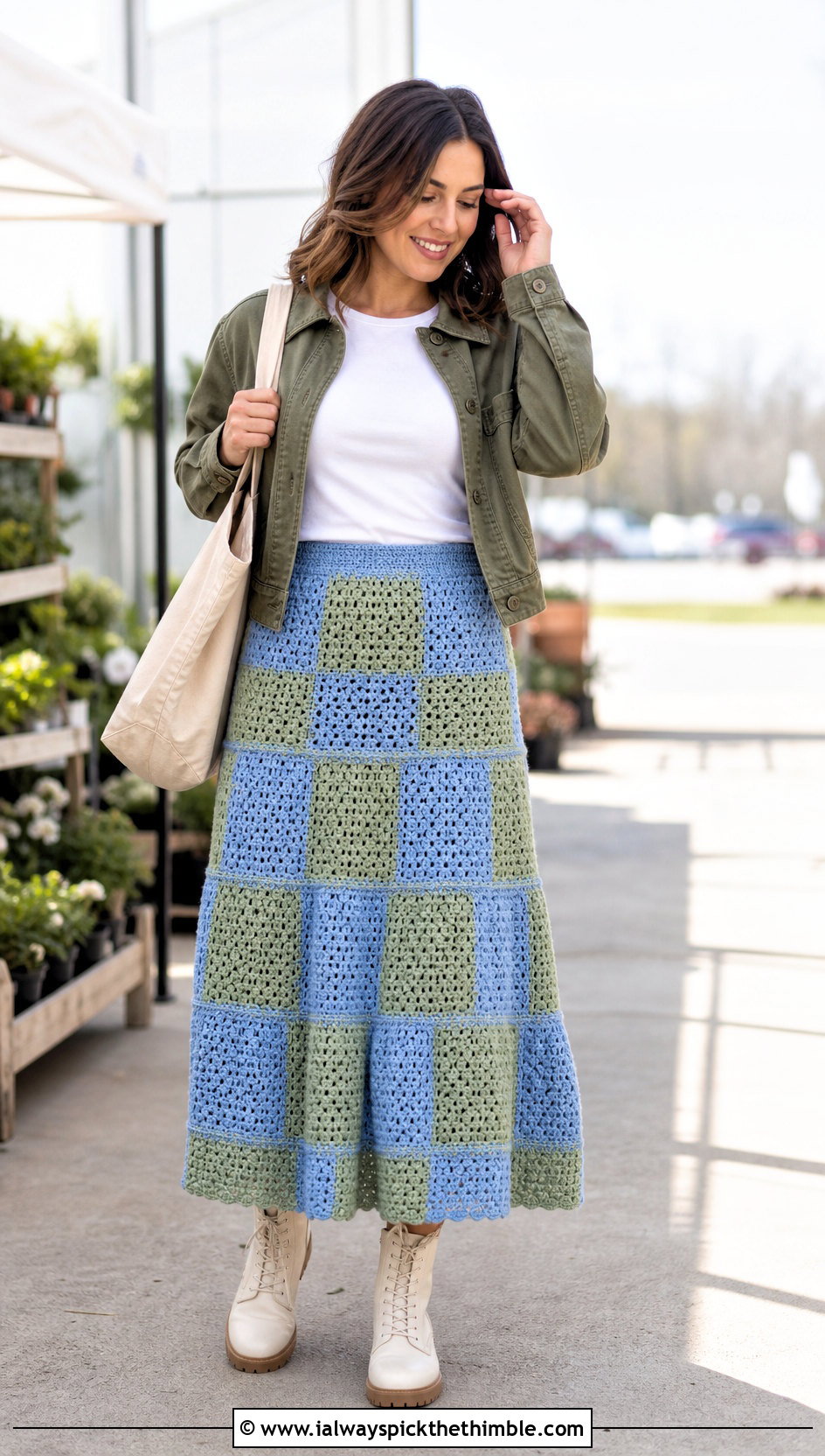 Tiered Crochet Checkered Skirt With Utility Jacket - 20 crochet checkered skirt outfit ideas
