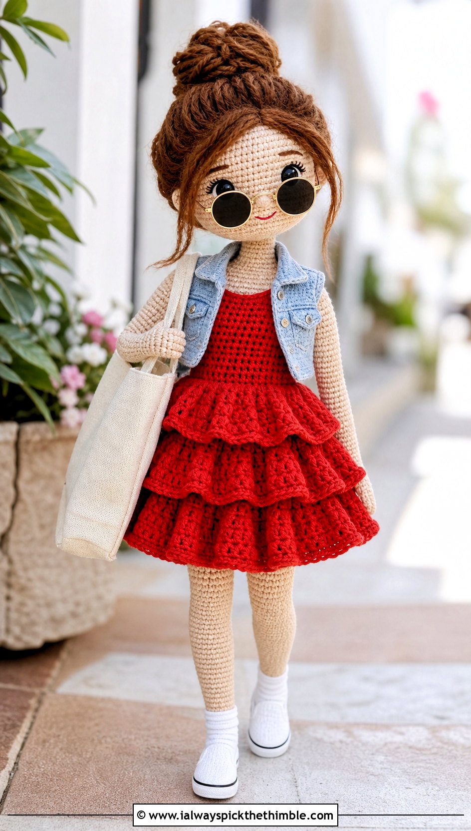 Tiered Crochet Doll Dress With Denim Vest - 20 amigurumi crochet doll dress outfit ideas