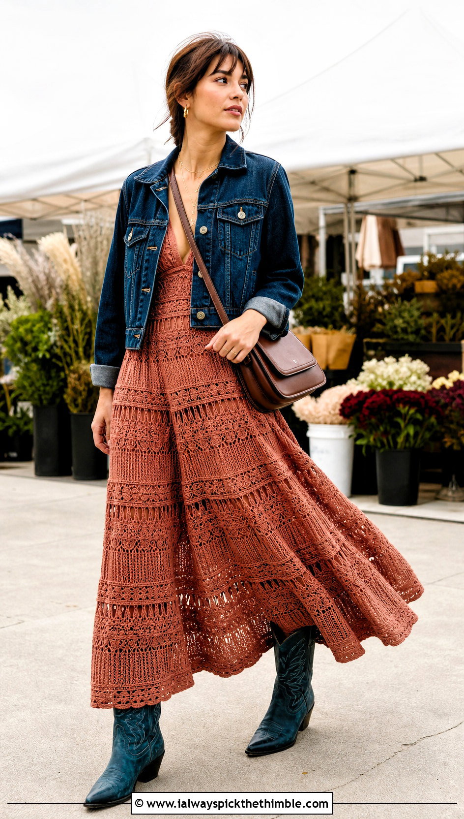 Tiered Crochet Gown With Western Boots - 25 crochet gown for ladies outfit ideas