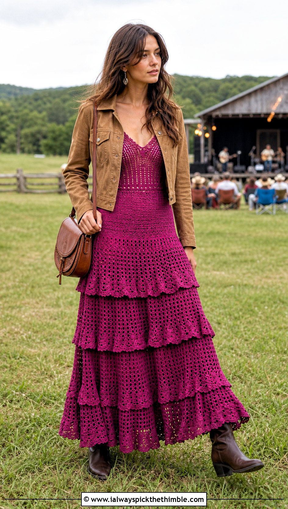 Tiered Crochet Gown With Western Boots - 20 Crochet Gown Dress outfit ideas