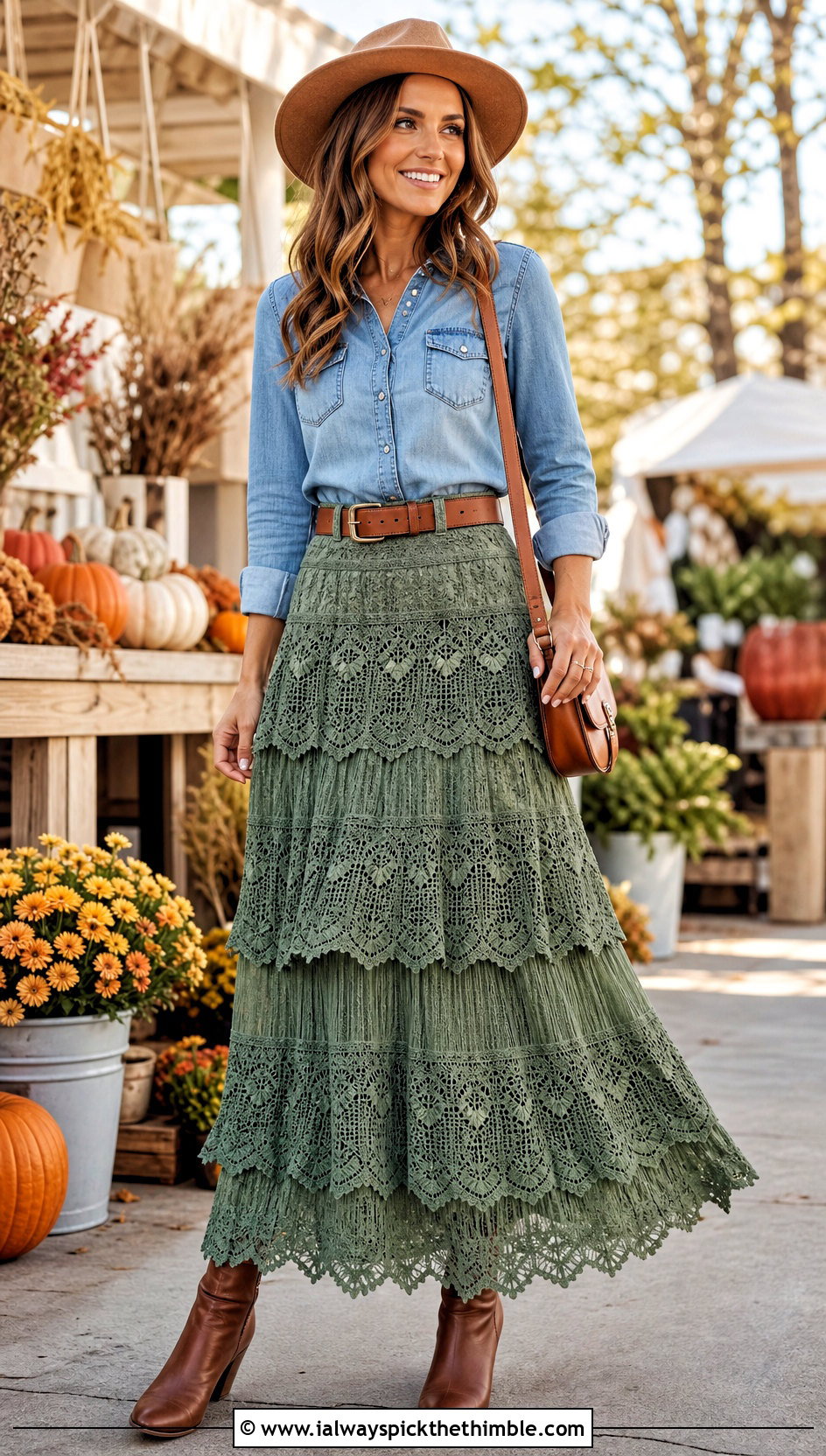 Tiered Crochet Lace Maxi Skirt With Western Shirt - 25 crochet lace skirt outfit ideas